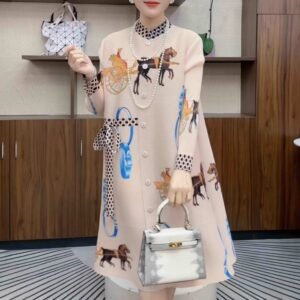 Wrinkled outerwear fashionable high-end printed stand up collar long sleeved slimming over knee button up cardigan carriage print dress：圖片 7