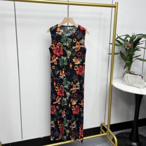 Tailored sleeveless dress with fashionable printed temperament, summer women's floral round neck printed tassel skirt, color slimming：圖片 4