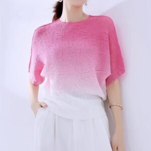 Wrinkled short sleeved T-shirt top for women, gradient loose round neck shirt, thin batball sleeve, dopamine head