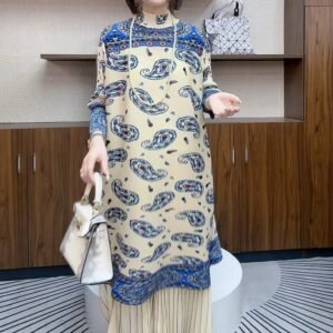 Spring and Autumn Winter Fold Printed Skirt 2024 New Fashionable Retro Concealed Loose Large Medium Long Dress：圖片 7