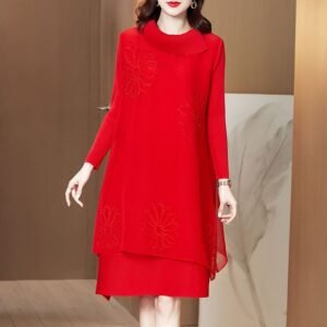 Miyake pleated red dress 2021 spring new high-end and stylish age reducing plus size slimming A-line dress：圖片 5