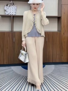 High waisted tassel wide leg knitted pants for women, new autumn and winter look slim, elastic slim fit, versatile commuting pants, fashionable belly covering pants：圖片 4