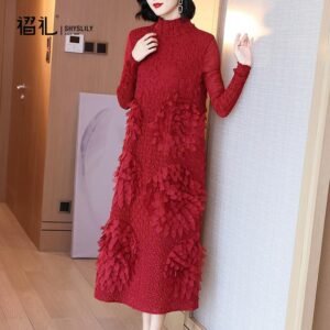 High end Coat Dress 2021 Spring and Autumn New Fashion Aging Reduction Large Red Long sleeved Bottom Skirt Medium length：圖片 7
