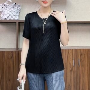 Summer T-shirt with pleated decoration T-shirt, high-end top, loose and versatile short sleeved, fashionable and slimming, vertical stripes to cover the belly, worn outside：圖片 8