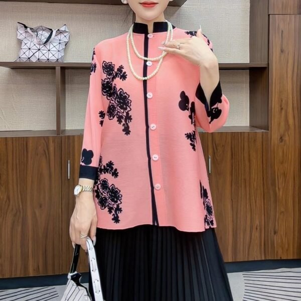 Elegant Autumn New Chinese style Top with Fleece Concealed Nine Cent Sleeve, Mom's Chinese Style Stand up Collar, Noble Print, Ethnic Style, Loose