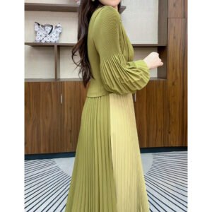 Xiaoxiangfeng women's clothing French autumn temperament new long skirt high-end V-neck long sleeved dress lantern sleeve pleats：圖片 5