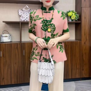 Jia Ning's new Chinese style button top with short sleeves and printed new style temperament, slanted collar, summer versatile, retro ethnic style stand up collar：圖片 4