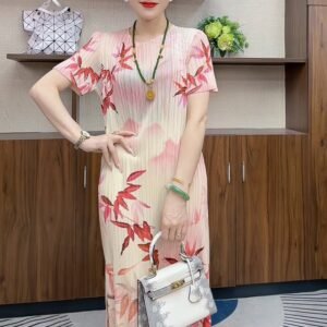 Round neck temperament, summer short sleeved new style, slimming, mid length, high-end loose dress, ink wash bamboo fashion, mom：圖片 4