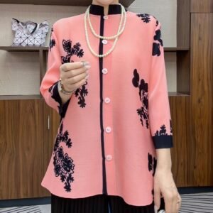 Elegant Autumn New Chinese style Top with Fleece Concealed Nine Cent Sleeve, Mom's Chinese Style Stand up Collar, Noble Print, Ethnic Style, Loose：圖片 9