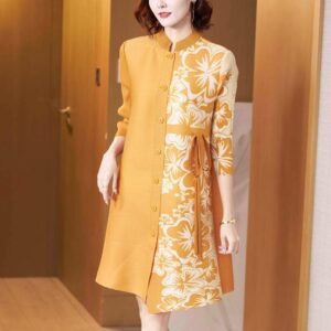 Noble temperament women's fashion slimming mid to long jacquard stand collar loose single-sided printed dress high-end：圖片 4
