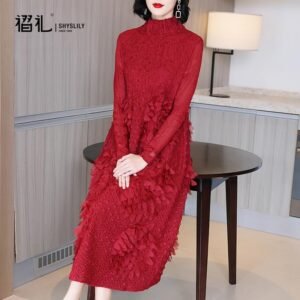 High end Coat Dress 2021 Spring and Autumn New Fashion Aging Reduction Large Red Long sleeved Bottom Skirt Medium length：圖片 9
