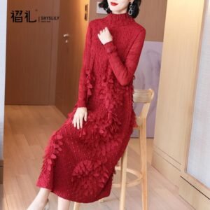 High end Coat Dress 2021 Spring and Autumn New Fashion Aging Reduction Large Red Long sleeved Bottom Skirt Medium length：圖片 10