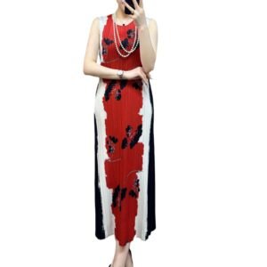Jia Ning's new vacation women's round neck temperament long style pullover printed sleeveless leaf vest skirt pleated dress：圖片 5