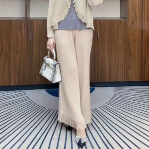 High waisted tassel wide leg knitted pants for women, new autumn and winter look slim, elastic slim fit, versatile commuting pants, fashionable belly covering pants：圖片 3