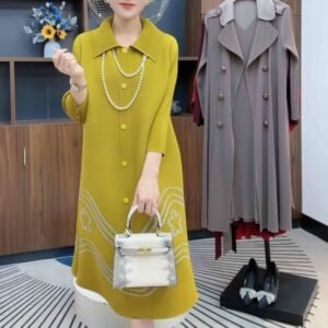 Jia Ning's new dress features a high waist, meat covering, versatile mid to long length, women's collar, floral temperament, and high-end pleated skirt