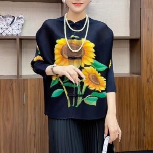 Autumn style plate buckle light luxury flesh covering seven quarter sleeve top with ethnic style, new Chinese style, western-style, loose Chinese style, printed with Han elements