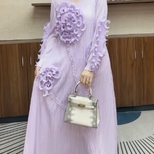 Elegant pleated long skirt for Ramadan in the Middle East - round collar design, three-dimensional fungus flower decoration, polyester weave, A-line cut, belly covering, suitable for all seasons