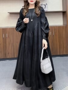 Middle East Ramadan Autumn Light Luxury New French Dress High Length Skirt Long Sleeve Temperament Round Neck Covering Stomach Simple Wind Balloon Sleeves：圖片 2