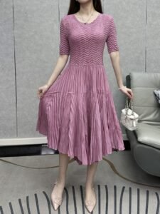 Middle Eastern Ramadan hot pleats solid color waist irregular skirt dress temperament round neck thin midi skirt female summer：圖片 2
