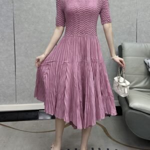 Middle Eastern Ramadan hot pleats solid color waist irregular skirt dress temperament round neck thin midi skirt female summer