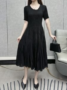 Middle Eastern Ramadan hot pleats solid color waist irregular skirt dress temperament round neck thin midi skirt female summer：圖片 3