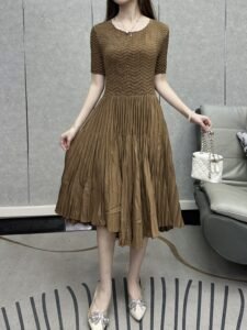 Middle Eastern Ramadan hot pleats solid color waist irregular skirt dress temperament round neck thin midi skirt female summer：圖片 4