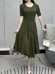 Middle Eastern Ramadan hot pleats solid color waist irregular skirt dress temperament round neck thin midi skirt female summer：圖片 5