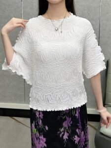 Middle Eastern Ramadan front and back wear bat crew neck short sleeve new t-shirt versatile loose solid color pleated top：圖片 4