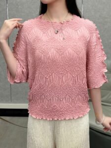 Middle Eastern Ramadan front and back wear bat crew neck short sleeve new t-shirt versatile loose solid color pleated top：圖片 5