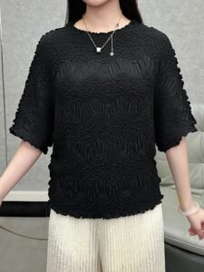 Middle Eastern Ramadan front and back wear bat crew neck short sleeve new t-shirt versatile loose solid color pleated top：圖片 6