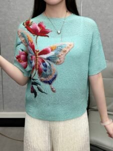 Middle East Ramadan 2025 Summer New Pleated Top Fashion Print Crew Neck Base Thin Loose T-Shirt：圖片 2
