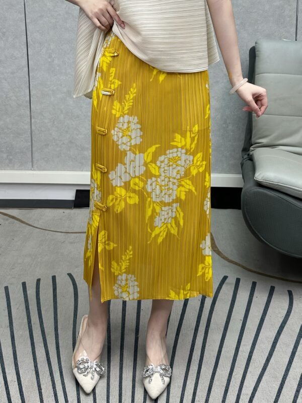 Middle Eastern Ramadan summer national style vintage print skirt slit buckle midi pleated hip skirt