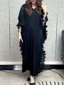 Middle East Ramadan 2025 Spring New Pleated Dress Women's Loose Slim Temperament 3D Ruffles Plus Size Solid Color Fashion Elegant：圖片 2