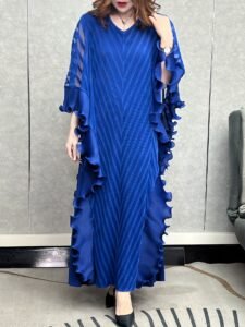Middle East Ramadan 2025 Spring New Pleated Dress Women's Loose Slim Temperament 3D Ruffles Plus Size Solid Color Fashion Elegant：圖片 3