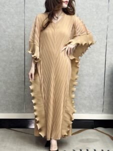 Middle East Ramadan 2025 Spring New Pleated Dress Women's Loose Slim Temperament 3D Ruffles Plus Size Solid Color Fashion Elegant：圖片 4