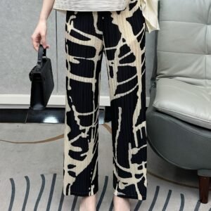 Middle Eastern Ramadan Niche Black and White Print New Pleated Pants Women's Straight Pants Comfortable and casual high-waisted fashionable and slim