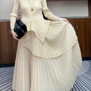 Middle Eastern Ramadan Women's Elegant Crew Neck Skirt Set - Long Sleeves, Slim Fit with Ruffle Detailing, Machine Washable - Perfect for Spring and Autumn