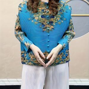 2025 temperament spring print new pleated cardigan jacket casual and versatile fashion