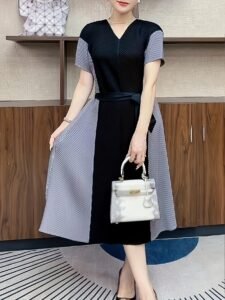 Middle Eastern Ramadan summer elegant fashion high-end lace-up dress, base short sleeves, slim long skirt, belly covering, V-neck temperament, waist cinching：圖片 3