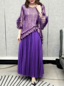 Middle Eastern Ramadan spring new pleated solid color stretch plus size ruffle pleated top + long skirt two-piece women's suit：圖片 2