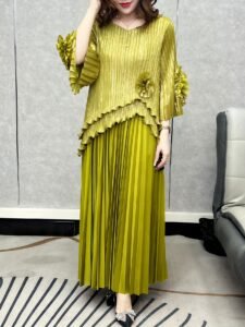 Middle Eastern Ramadan spring new pleated solid color stretch plus size ruffle pleated top + long skirt two-piece women's suit：圖片 3
