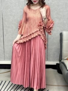 Middle Eastern Ramadan spring new pleated solid color stretch plus size ruffle pleated top + long skirt two-piece women's suit：圖片 6