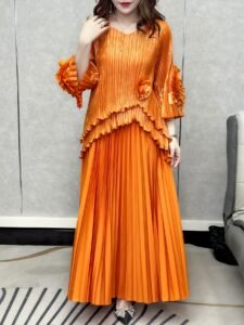 Middle Eastern Ramadan spring new pleated solid color stretch plus size ruffle pleated top + long skirt two-piece women's suit：圖片 4