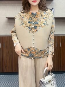 2025 temperament spring print new pleated cardigan jacket casual and versatile fashion：圖片 4