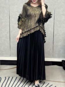 Middle Eastern Ramadan spring new pleated solid color stretch plus size ruffle pleated top + long skirt two-piece women's suit：圖片 5