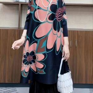 Middle East Ramadan 2024 Dress Fashion Round Neck Plus Size Casual Temperament Thin Loose Midi Flesh Covering Agarwood Chrysanthemum Print Skirt