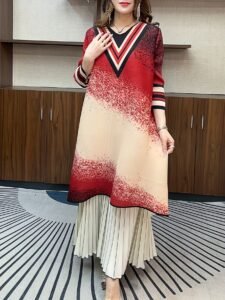 Middle Eastern Ramadan gradient dress chic spring and autumn style V-neck striped ice silk linen commuter midi length：圖片 2
