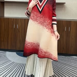 Middle Eastern Ramadan gradient dress chic spring and autumn style V-neck striped ice silk linen commuter midi length