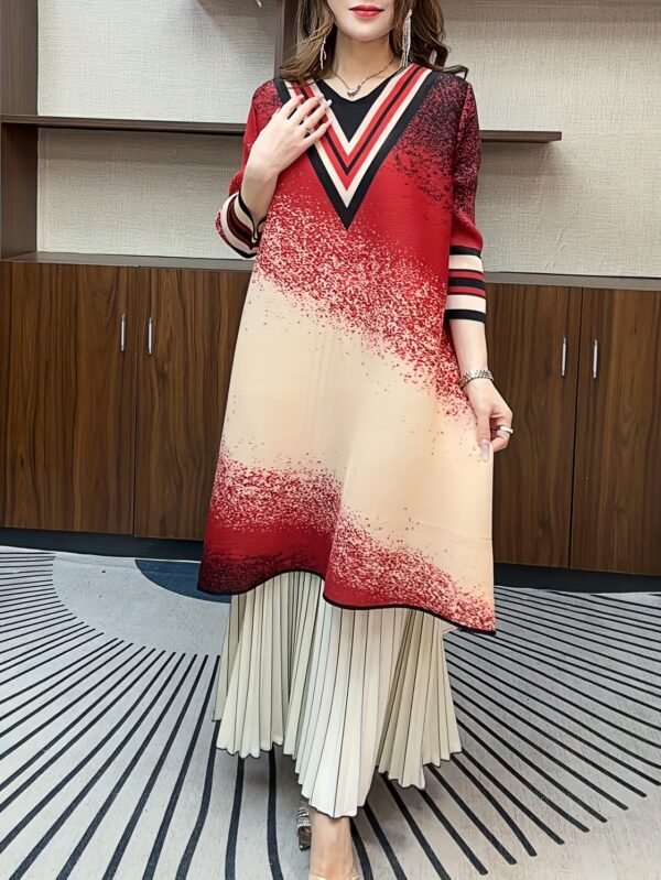 Middle Eastern Ramadan gradient dress chic spring and autumn style V-neck striped ice silk linen commuter midi length