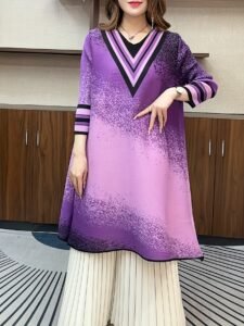 Middle Eastern Ramadan gradient dress chic spring and autumn style V-neck striped ice silk linen commuter midi length：圖片 3